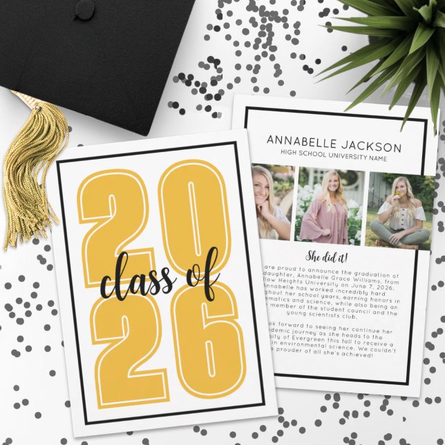 Faire-part Photo de fin d'études Or Diplômé (Simple Script Graduate Photo Gold Graduation Announcement )