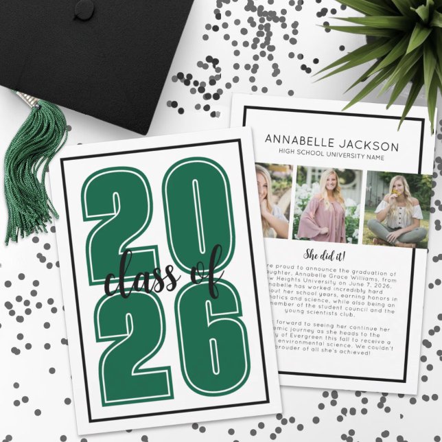 Faire-part Photo de fin d'études Vert Remise des diplômes (Simple Script Graduate Photo Green Graduation Announcement)