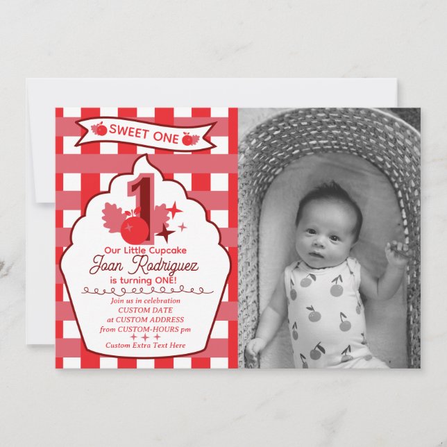 Faire-Part Photo de Gingham pour le Premier Annive (Devant)