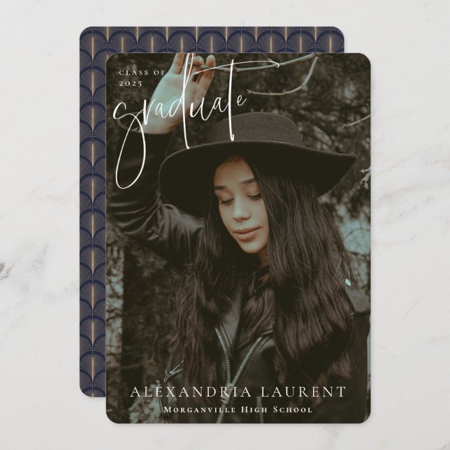 Faire-part Photo de Graduation de Portrait par script blanc (Devant / Derrière)