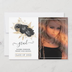 Faire-part Photo de graduation florale noire et or