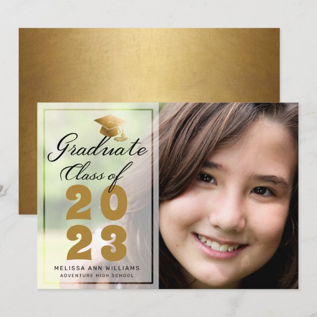 Faire-part Photo de Graduation moderne Gold Black Script 2023 (Devant / Derrière)