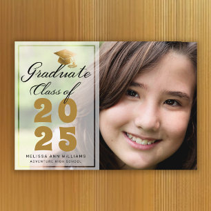 Faire-part Photo de Graduation moderne Gold Black Script 2025