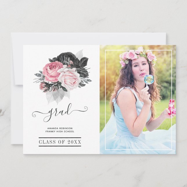 Faire-part Photo de graduation rose et noire florale (Devant)