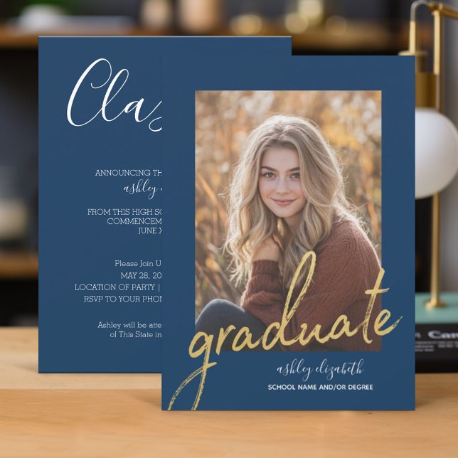 Faire-part photo de la Marine Gold Modern Graduati (Graduation Invitation - Classic)