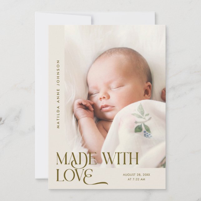Faire-part Photo de naissance à la Crème Faite Avec Amour (Devant)