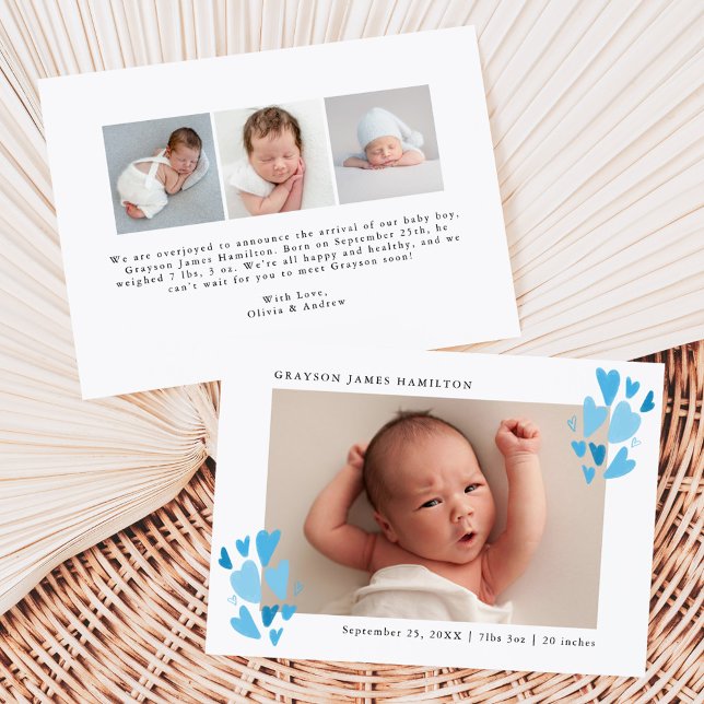 Faire-part Photo de naissance Cœurs Bleus Mignons (Créateur téléchargé)