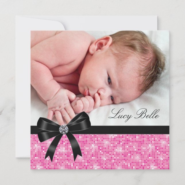Faire-part Photo de naissance de bébé fille rose noir (Devant)