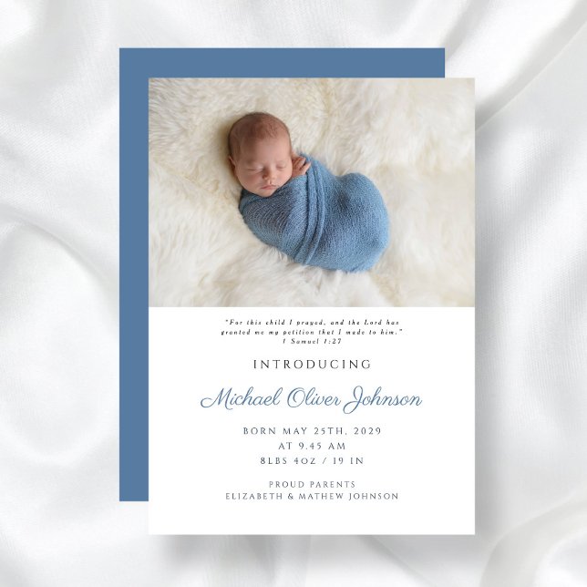 Faire-part Photo de naissance de bébé garçon écriture moderne (Blue Modern Script Baby Boy Birth Photo Announcement)