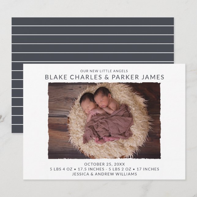 Faire-part Photo de naissance de jumeaux garçons (Devant / Derrière)
