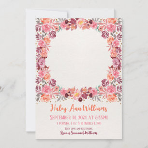Faire-part Photo de nouveau-né de bébé fille au style floral