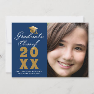 Faire-part Photo de remise de diplôme bleu roi or script 2026