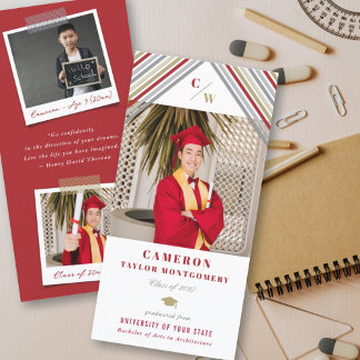 Faire-part Photo de remise de diplôme moderne or rouge avec d