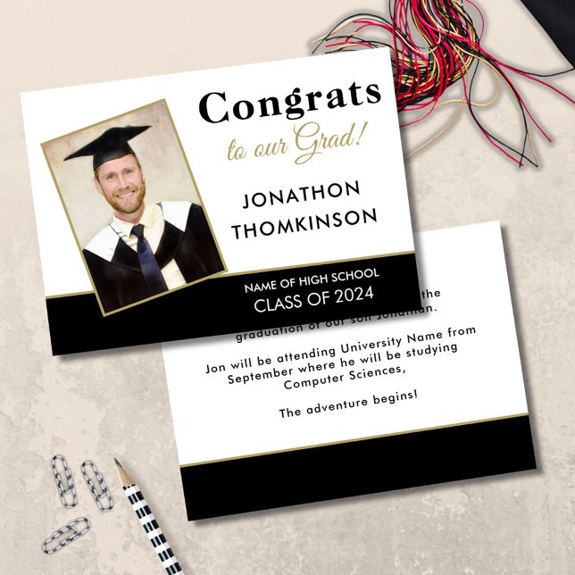 Faire-part Photo de remise de diplôme noir blanc Félicitation (front and back view)