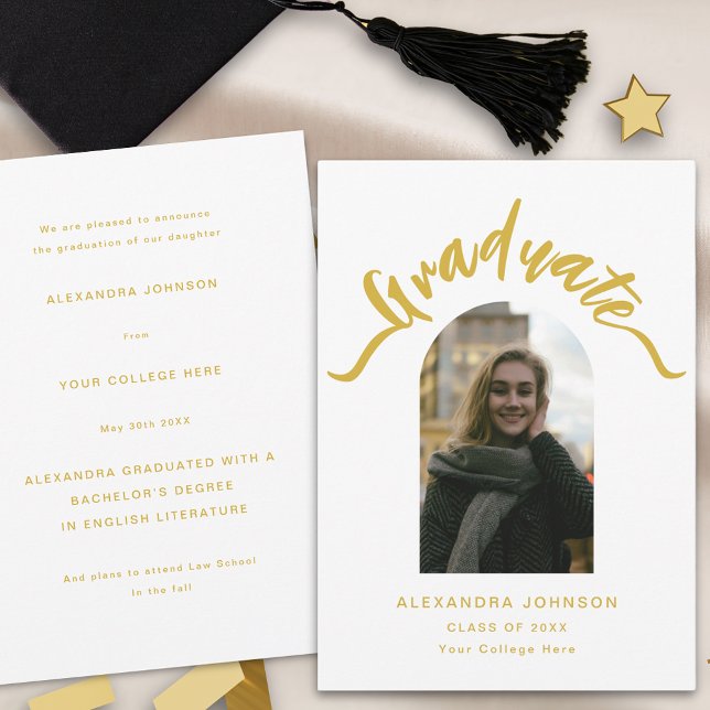 Faire-part Photo de remise de diplômes d'un diplômé moderne (Modern photo arch gold calligraphy script Graduation announcement card )