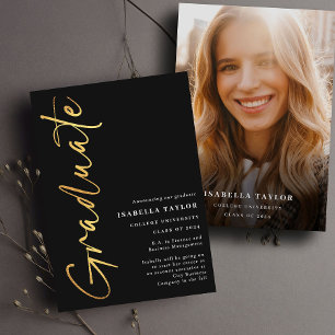 Faire-part Photo de script moderne Black Gold Graduation
