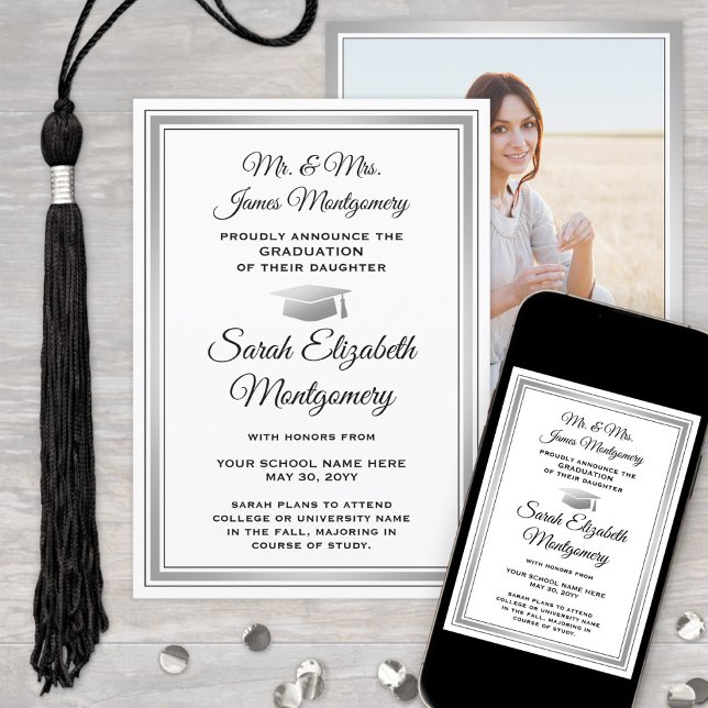 Faire-part Photo Des Parents Graduation Noir, Blanc & Gris (Créateur téléchargé)