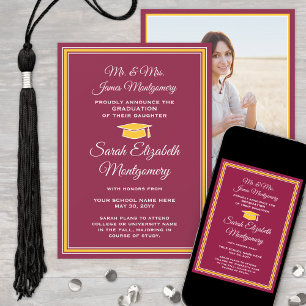 Faire-part Photo Des Parents Maroon & Gold Graduation Formell