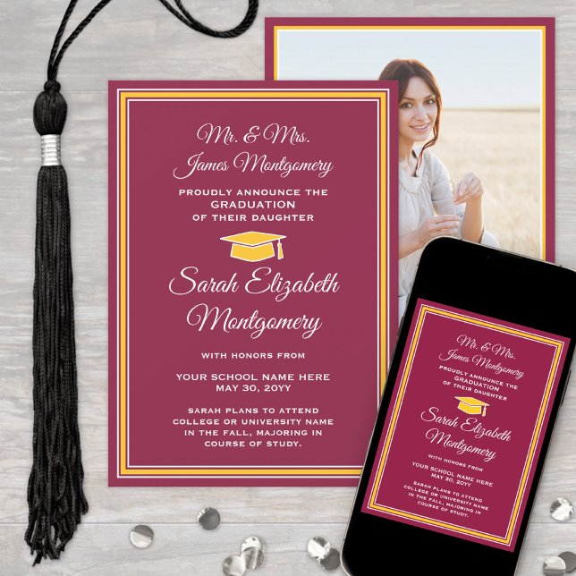 Faire-part Photo Des Parents Maroon & Gold Graduation Formell (Créateur téléchargé)