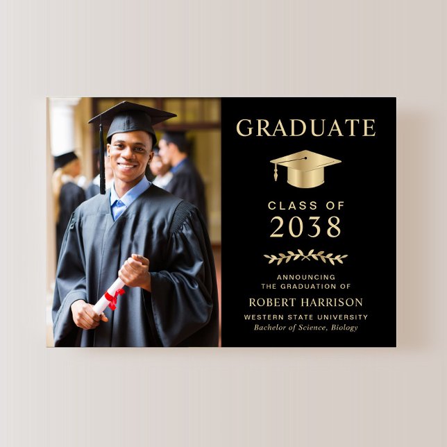 Faire-part Photo élégante Black Gold College Graduation (An elegant college graduation announcement to celebrate the graduate's achievements)
