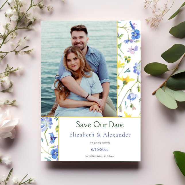Faire-part Photo Fleur sauvage d'aquarelle Enregistrer la dat (Watercolor Wildflowers Photo Save the Date)