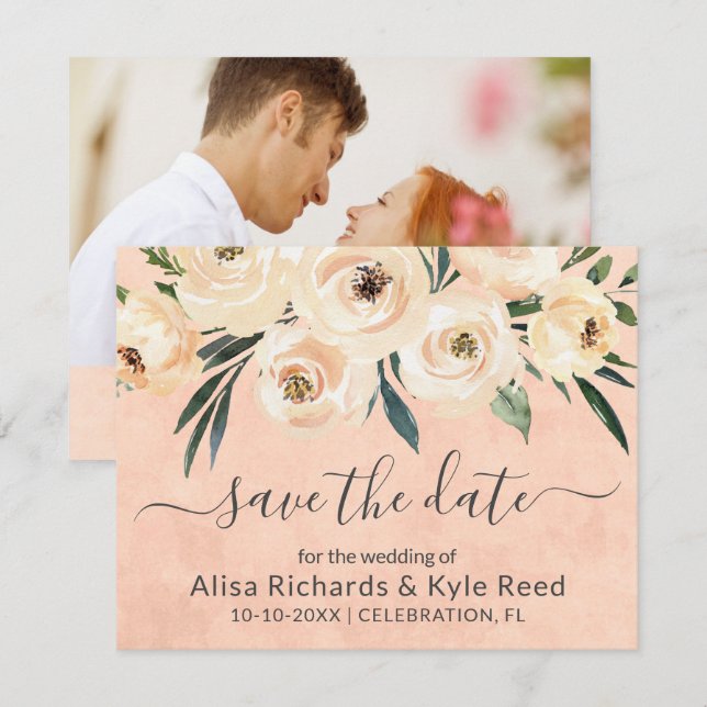 Faire-part Photo Fleurs Beige Roses Blush Or (Devant / Derrière)