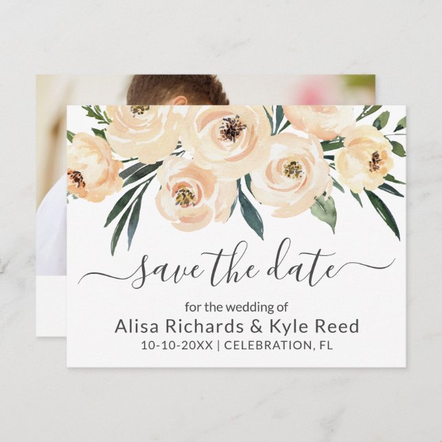 Faire-part Photo Fleurs Rose Beige Roses Or Save the Date (Devant / Derrière)