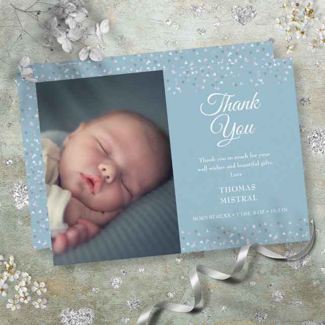 Faire-part Photo Garçon Script Merci Amour Cœurs Naissance (Photo Baby Boy Script Thank You Love Hearts Birth Announcement)