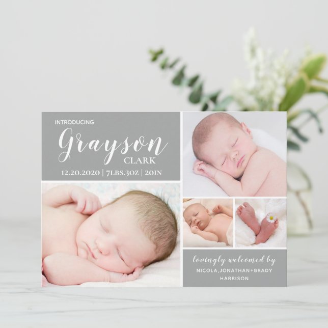 Faire-part Photo gris moderne Collage bébé garçon naissance (Debout devant)