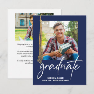 Faire-part Photo Moderne Bleu Or Graduation Senior