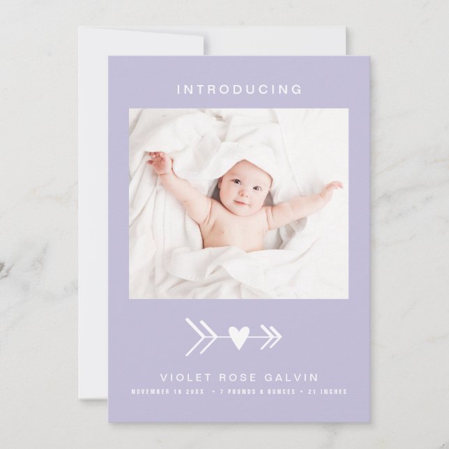 Faire-part Photo moderne Coeur Arrow Pastel Purple Girl Birth (Devant)