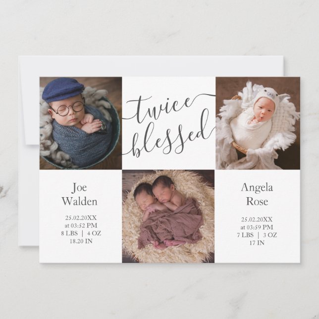Faire-part Photo moderne Collage Twins Deux bébés Naissance (Devant)