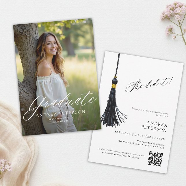 Faire-part Photo Moderne Diplômé Lycée Université (graduation announcement party invitation photo modern calligraphy simple elegant tassel she did it)