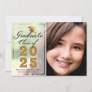Faire-part Photo Moderne Graduation Black Gold Script 2025