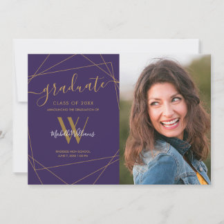 Faire-part Photo moderne Monogramme violet Graduation géométr