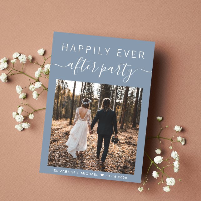 Faire-part Photo moderne QR Code Dusty Blue Wedding Réception (An chic Happily Ever After Party Invitation to set the tone for an unforgettable event)