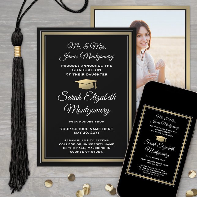 Faire-part Photo Parents Black Gold & White Graduation (Créateur téléchargé)