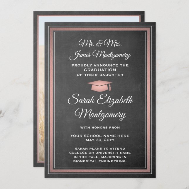 Faire-part Photo Parents Chalkboard et Pink Graduation (Devant / Derrière)