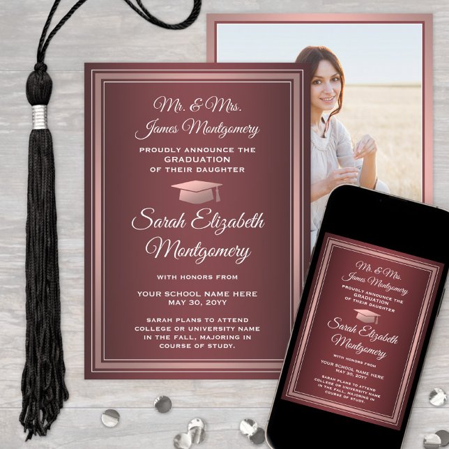 Faire-part Photo Parents Graduation Bourgogne Rouge & Rose (Créateur téléchargé)