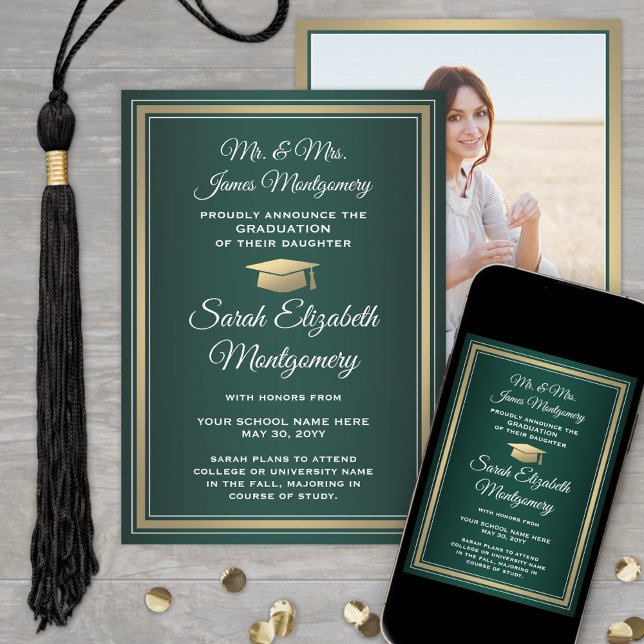 Faire-part Photo Parents Green Gold et White Graduation (Créateur téléchargé)