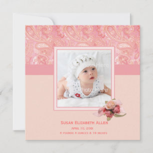 Faire-part photo pour bébé rose Paisley