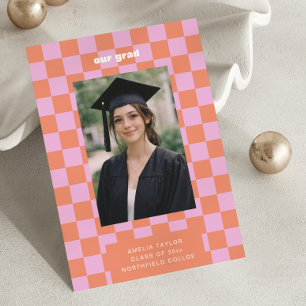 Faire-part Photo Rétro Damier Rose Orange Notre Diplômé 2026