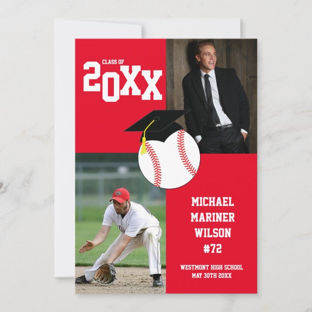 Faire-part photo rouge Sport de base-ball (Devant)