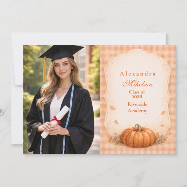 Faire-part Photo Rustic Gingham Pumpkin Fall Graduation (Devant)