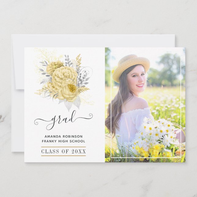 Faire-part Photo Rustique Silver et Gold Floral Graduation (Devant)