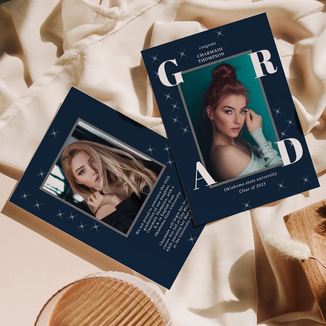 Faire-part Photo Star Sparkling Retro Navy Blue Graduation (Créateur téléchargé)