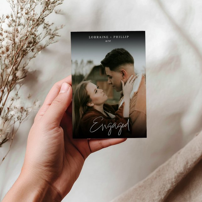 Faire-part photo stylish We’re Enged (Dark Gradient “We’re Engaged” Romantic photo invitation card.)