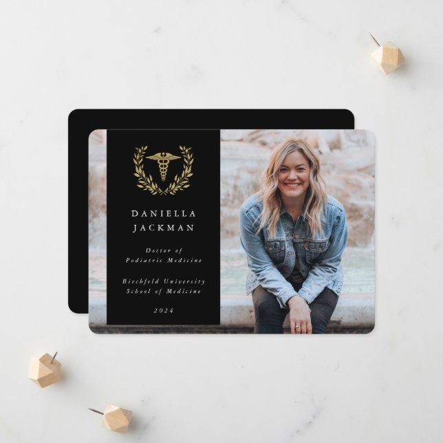 Faire-part Photographie de l'école Médicale Black/Gold Caduce (Devant/Arrière en situation)