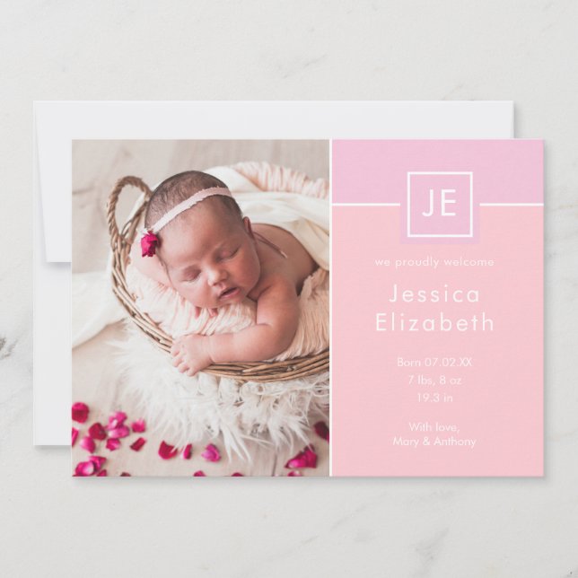 Faire-part Photos de bébé fille avec monogramme Rose Annonce  (Devant)