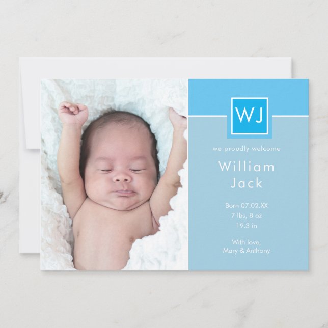Faire-part Photos de bébé garçon avec monogramme Bleu Élégant (Devant)